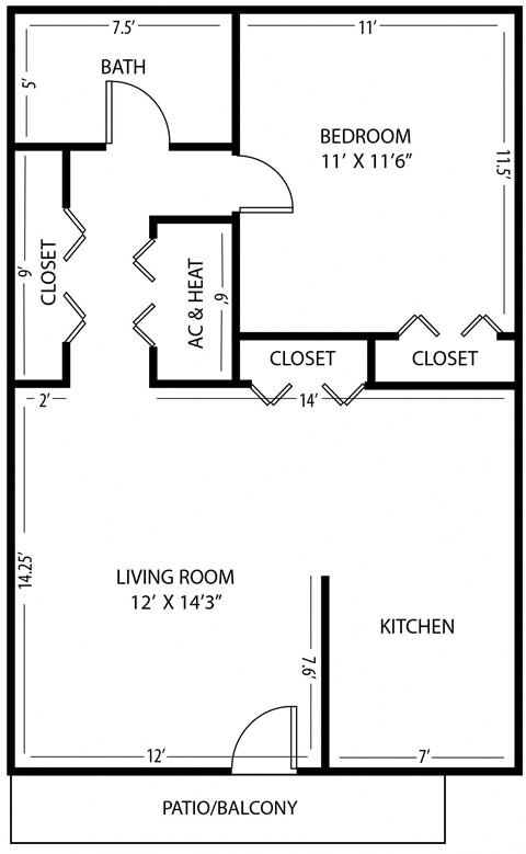 Floor plan for 1 bed, 1 bath, 500 sqft